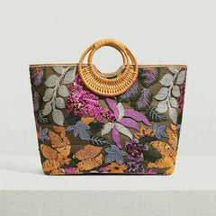 Embroidered Sequin Straw Tote Bag