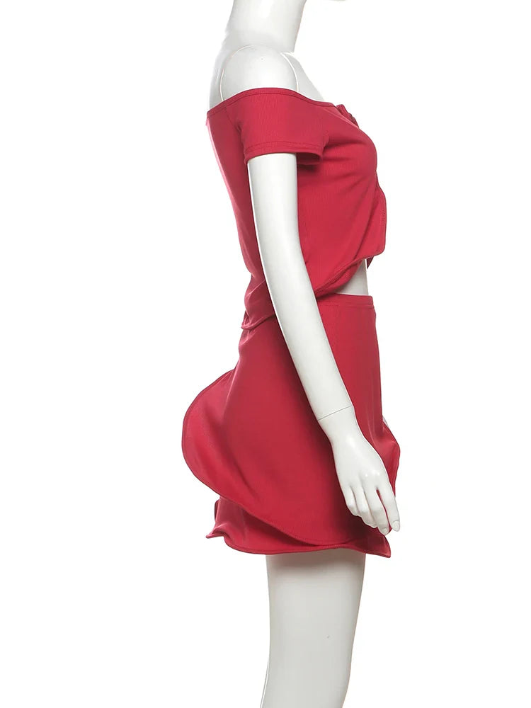 Off Shoulder Split Crop Top and Trim Mini Skirts