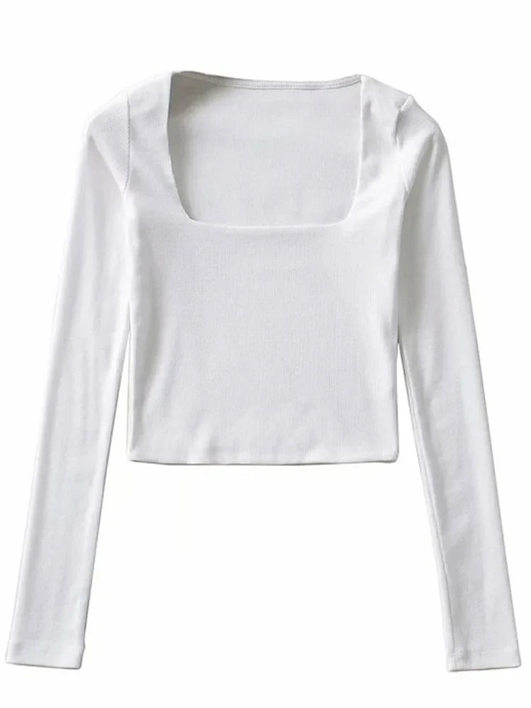 Women Long Sleeves Cotton Ribbed Square Neck Crop Top