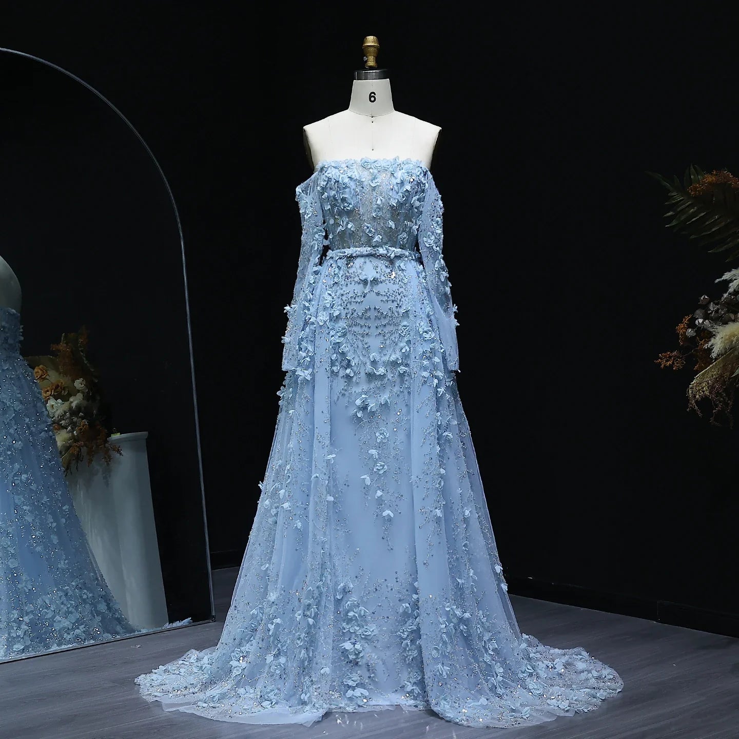 3D Flowers Evening Dress with Overskirt Long Sleeves