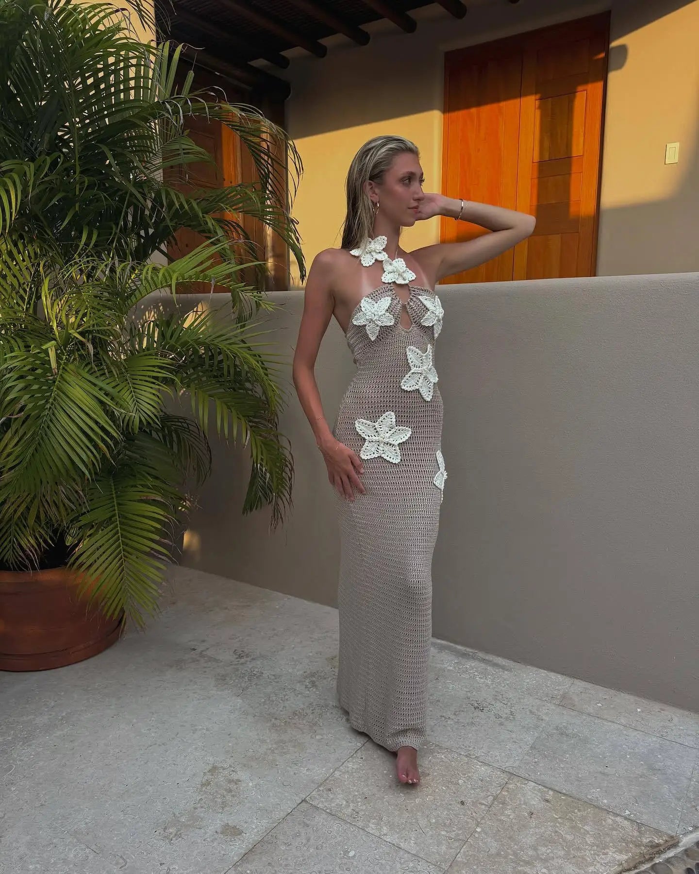 Floral Halter Maxi Dress Summer Splice Backless Design