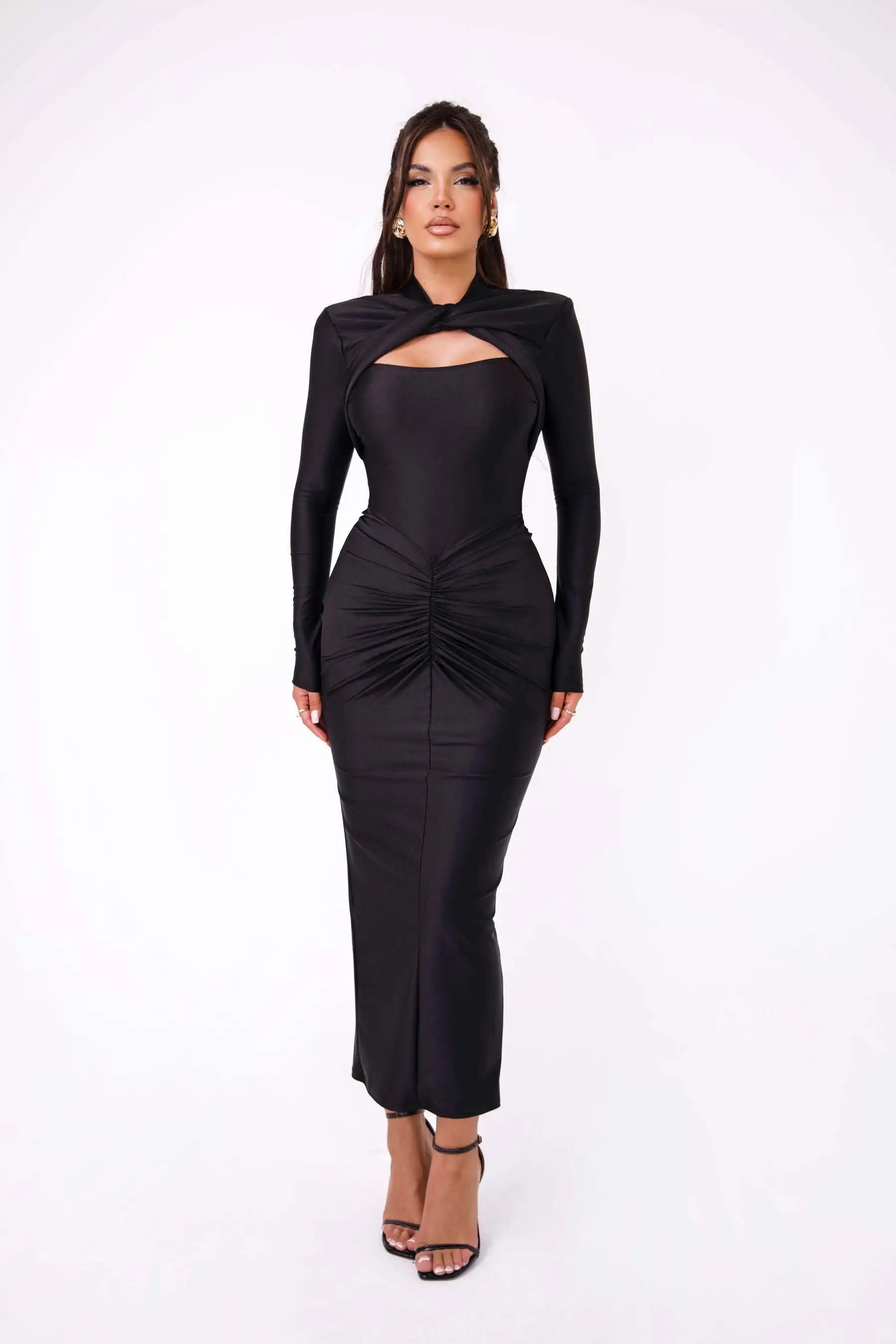 Long Sleeved Pleated Hollowed Out Maxi Dress