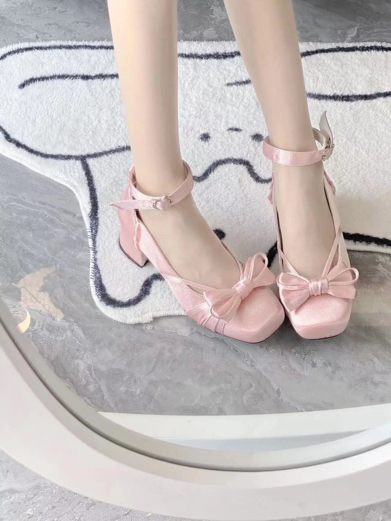 Square Toe Low Heel Satin Mary Jane Shoes