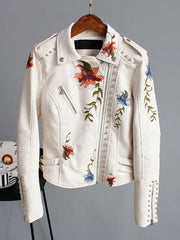Embroidery Faux Soft Leather Rivet Jacket
