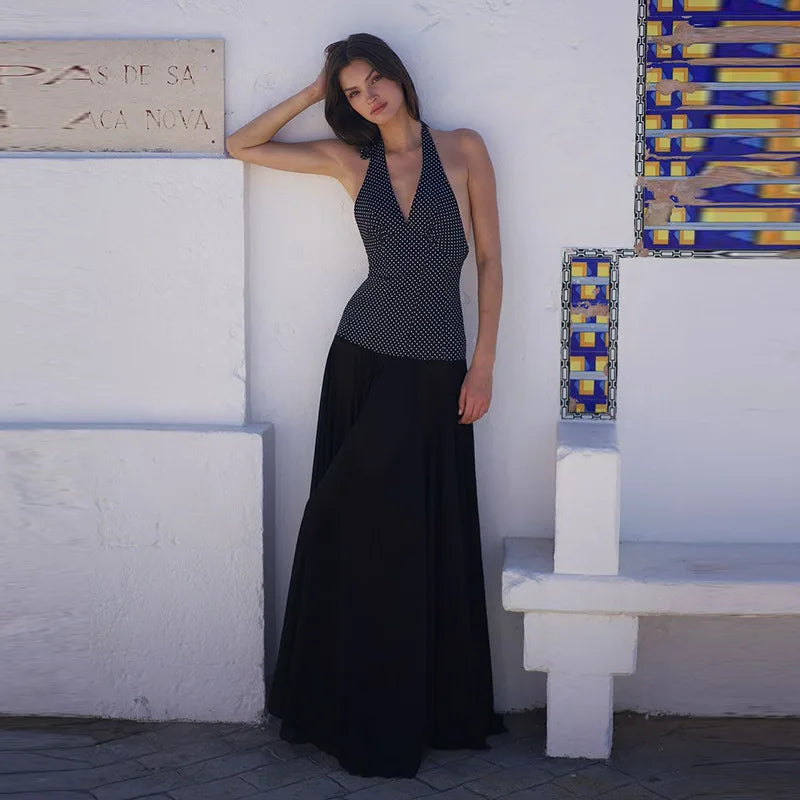 Polka Dot V-neck Fringe Maxi Dress