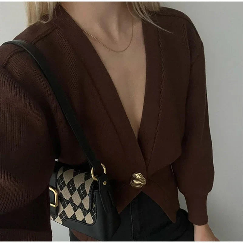 Knitted Single Button Long Lantern Sleeve Sweater