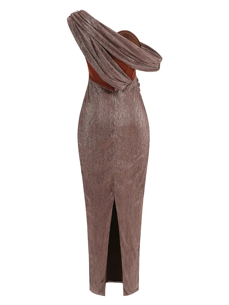 One Shoulder Draped Glitter Brown Maxi Dress