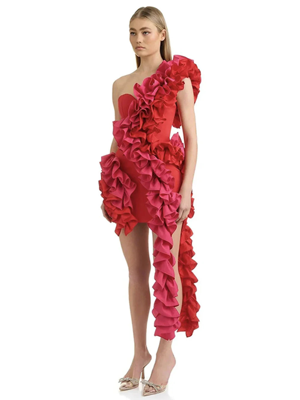 Solid Ruffles One Shoulder Strips Prom Mini Dress