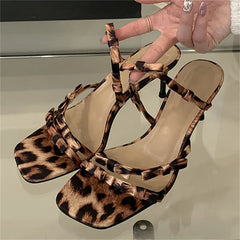 Leopard Narrow Band Thin Low Heels Sandals