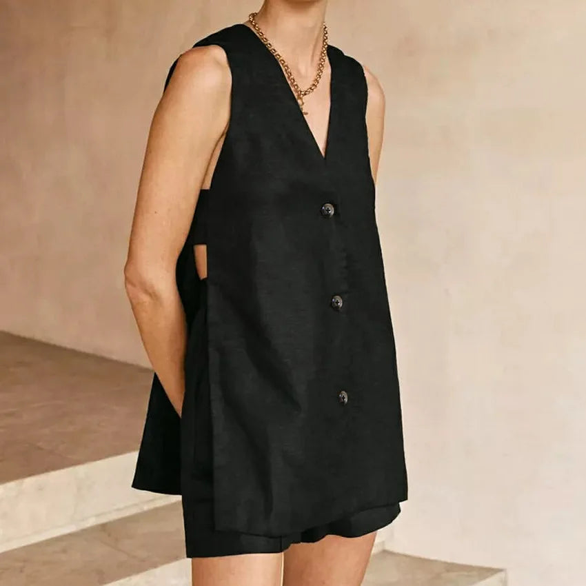 Cotton V Neck Buttons Solid Vest and Shorts Suits