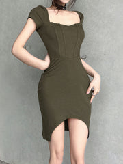 Army Green Slim Square-Neck Mini Dress