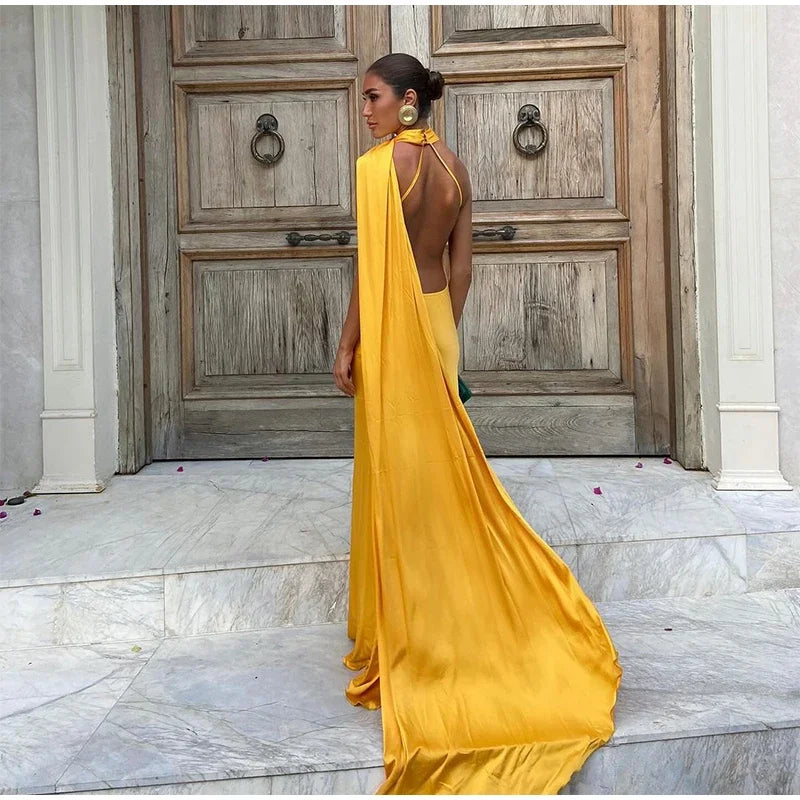 Yellow Satin Backless Lace-Up Off-Shoulder Maxi Dress