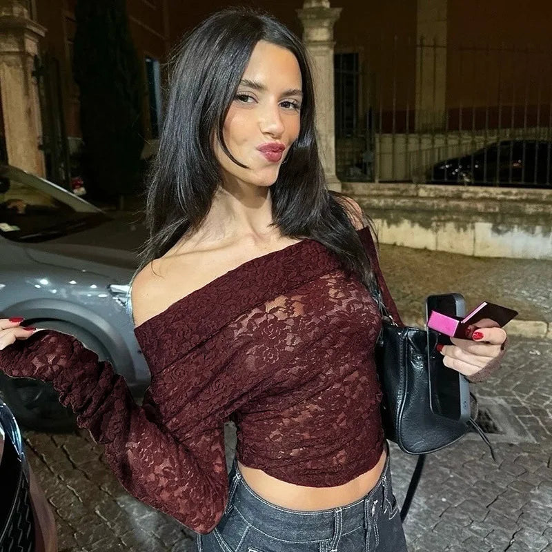 Lace Hollow Out Off-Shoulder Solid Tee