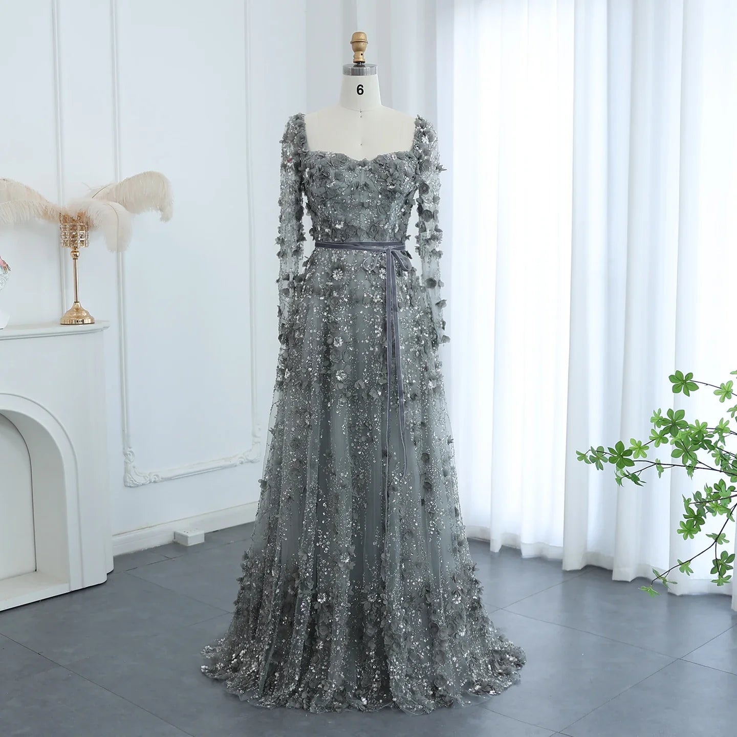 3D Floral A-Line Evening Gown Long Sleeves