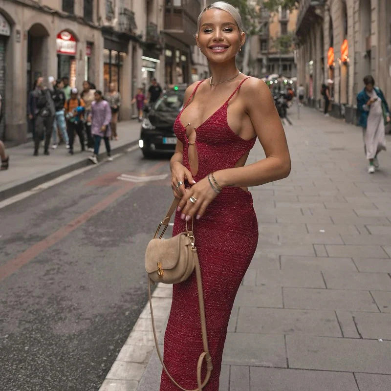 Shiny Silk Knit Metal Ring Bodycon Dress