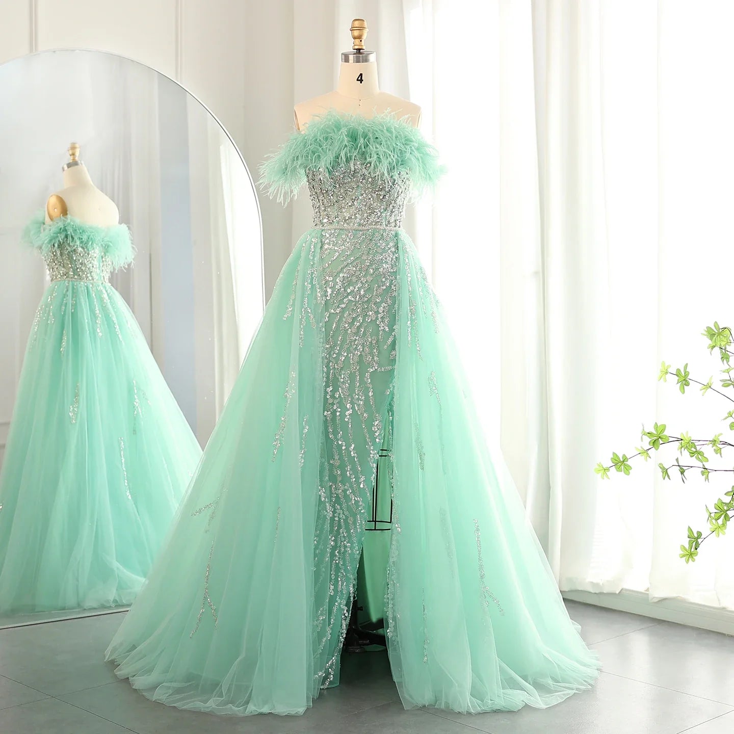 Feathers Off-shoulder Side Slit Overskirt Party Dress