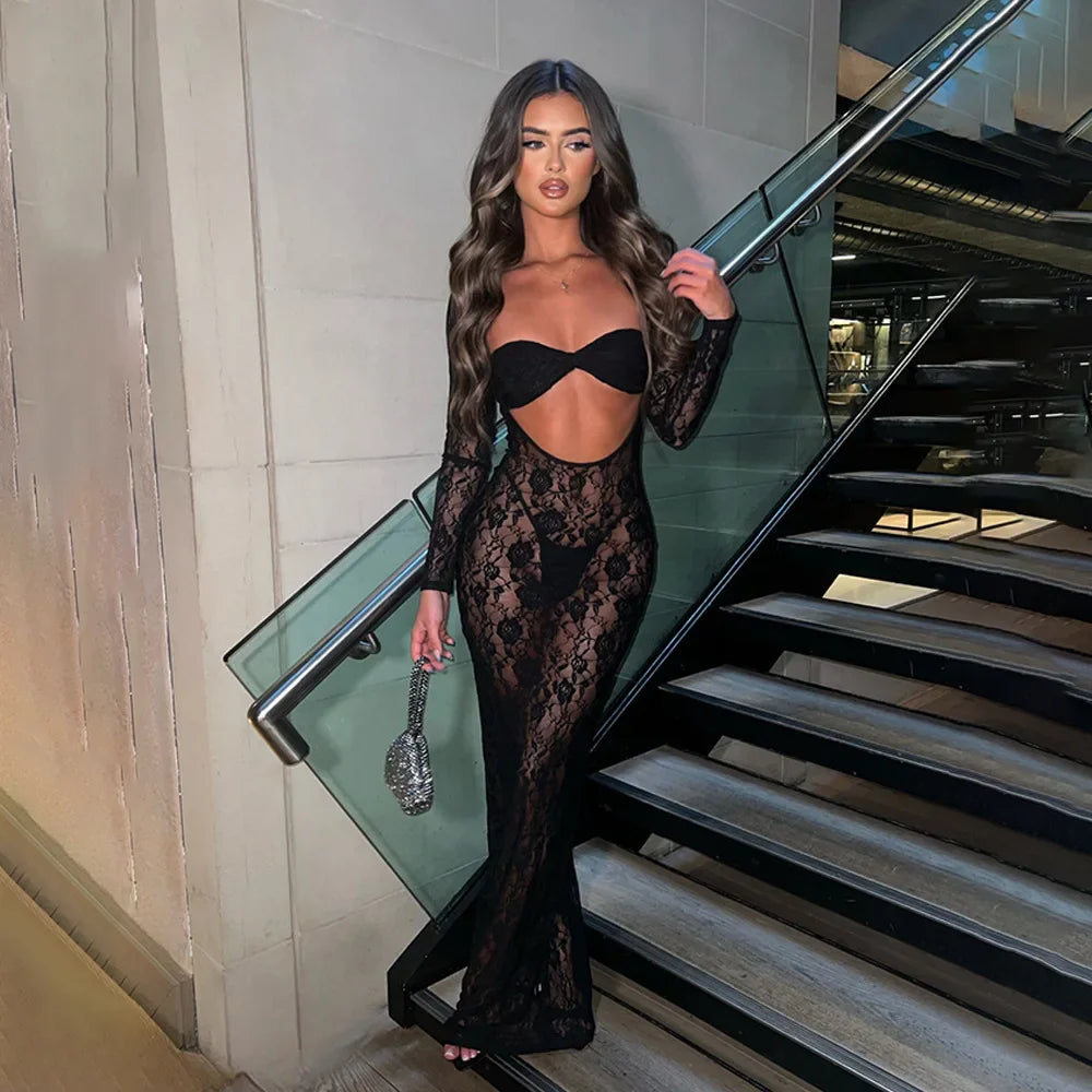 Perspective Lace Hollow Out Bodycon Maxi Dress