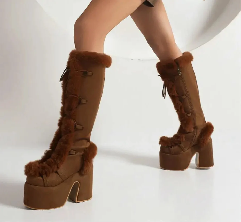 Zip Faux Fur Chunky High Heeled Boots