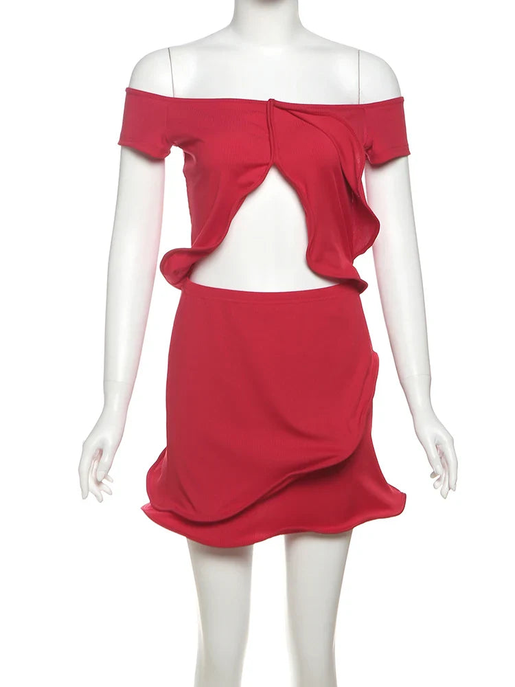 Off Shoulder Split Crop Top and Trim Mini Skirts
