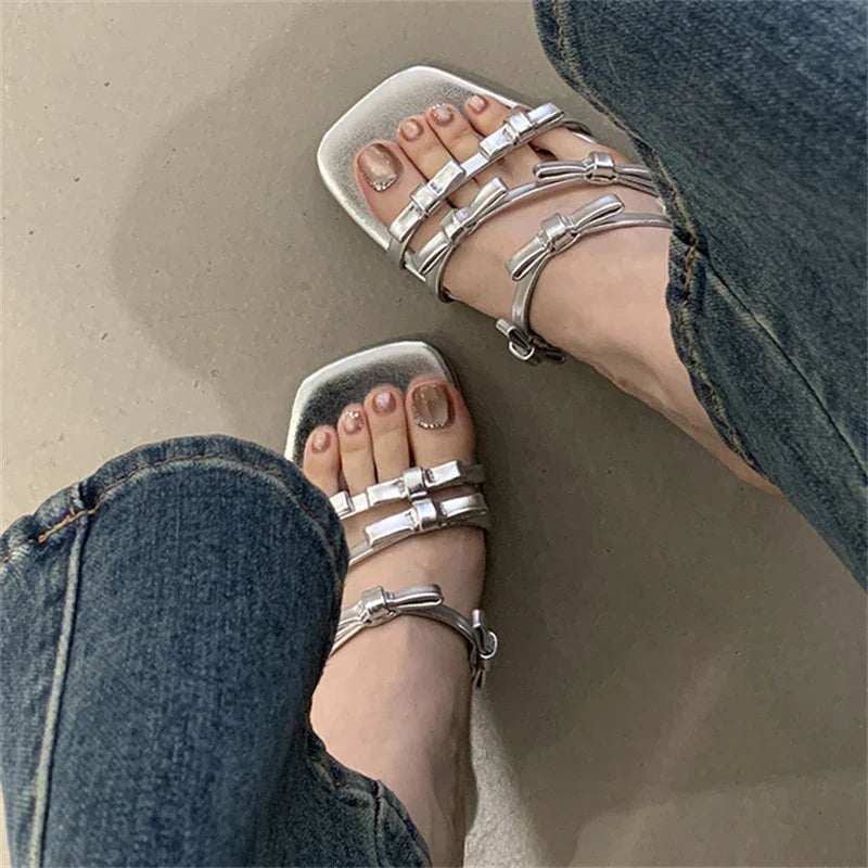 Leopard Narrow Band Thin Low Heels Sandals