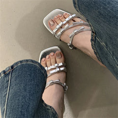 Leopard Narrow Band Thin Low Heels Sandals
