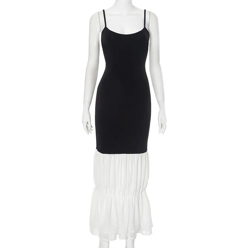 Black Strap White Frill Patchwork Maxi Dress