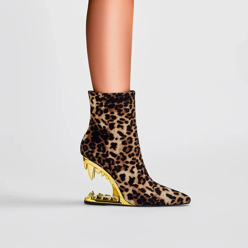 Leopard Print Ankle Boots Pointed Toe Heels