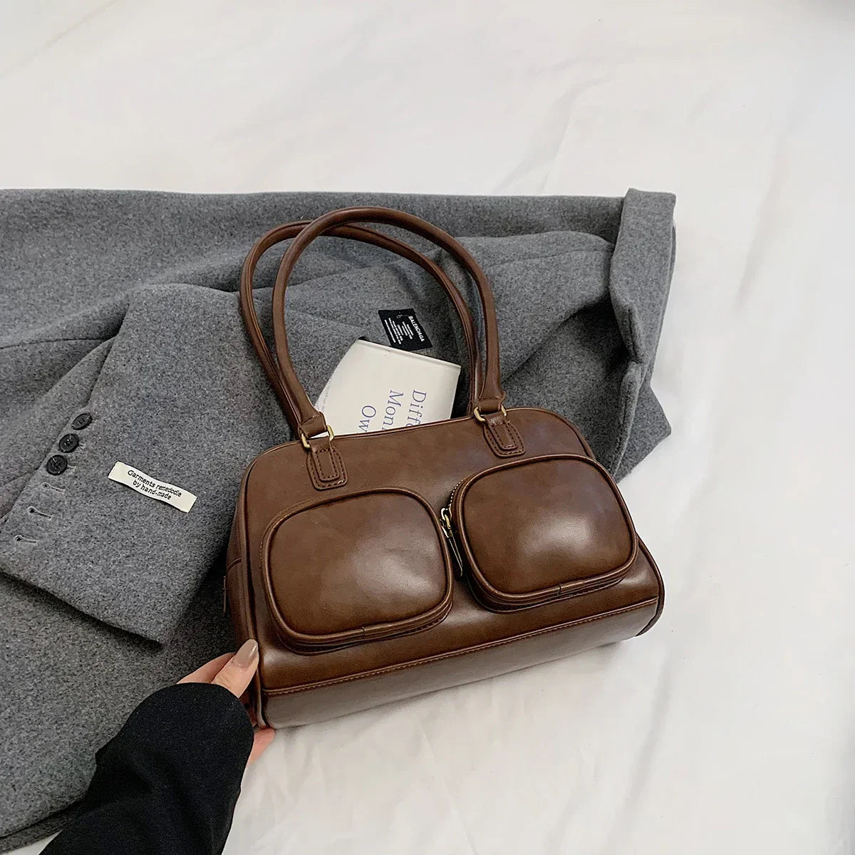 Faux Leather Double Pockets Underarm Bags