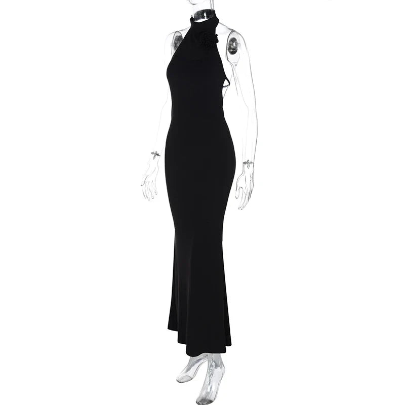 3D Flower Halter Backless Long Dress