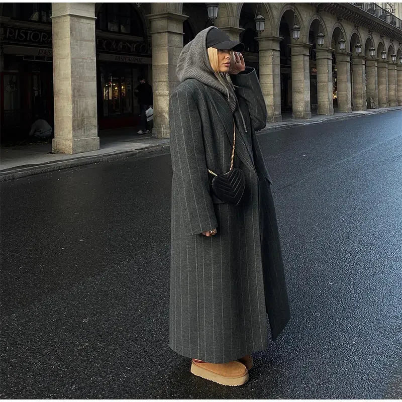 Lapel Striped Oversize Full Sleeve Long Coat