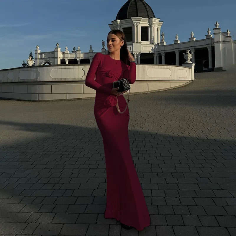 Ruched Flower Long Sleeve Solid Maxi Dress