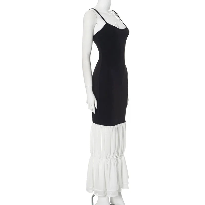 Black Strap White Frill Patchwork Maxi Dress