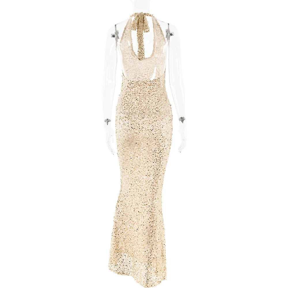 Open Back Sequins Sparkling Halter Maxi Dress