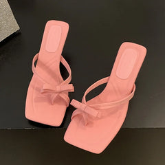 Satin Butterfly-knot Clip Toe Thin Low Heels Slides Shoes