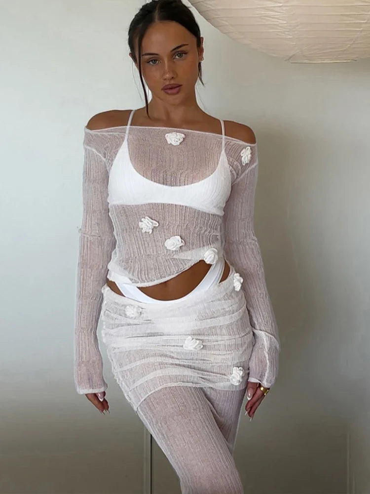 Appliques Sheer Full Sleeves Top and Long Skirt Suit