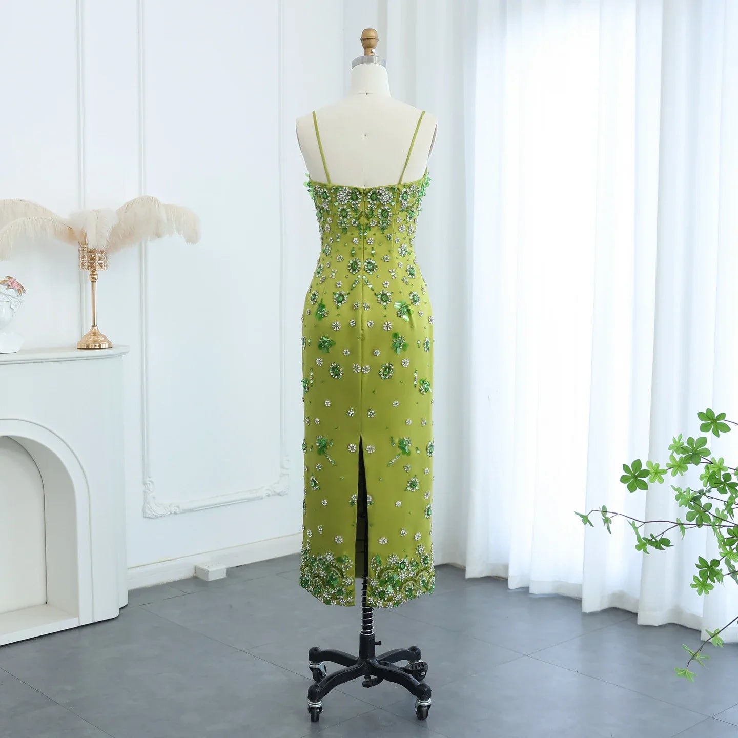 Floral Beaded Midi Dress Spaghetti Straps