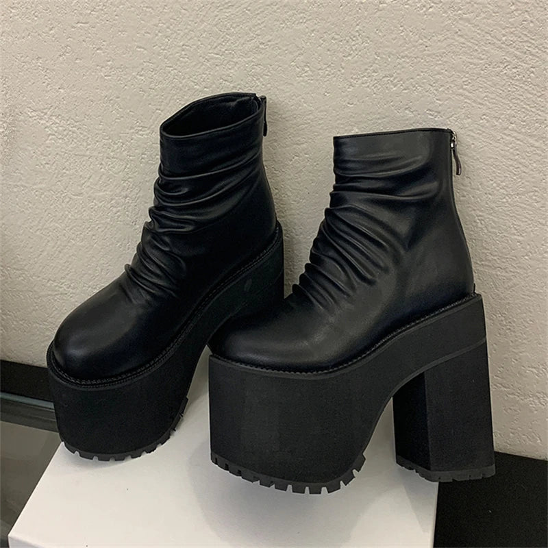 Pleated Platform Square High Heels Zipper Boots