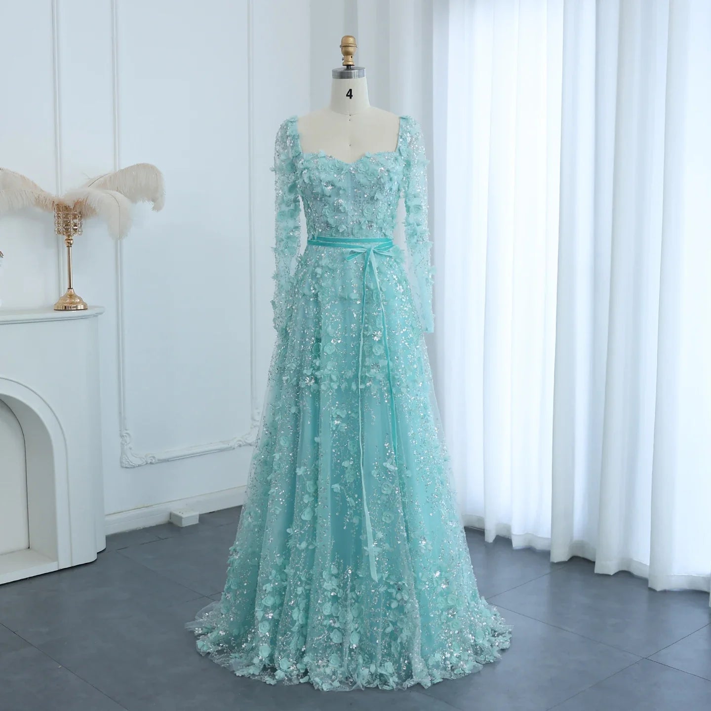 3D Floral A-Line Evening Gown Long Sleeves