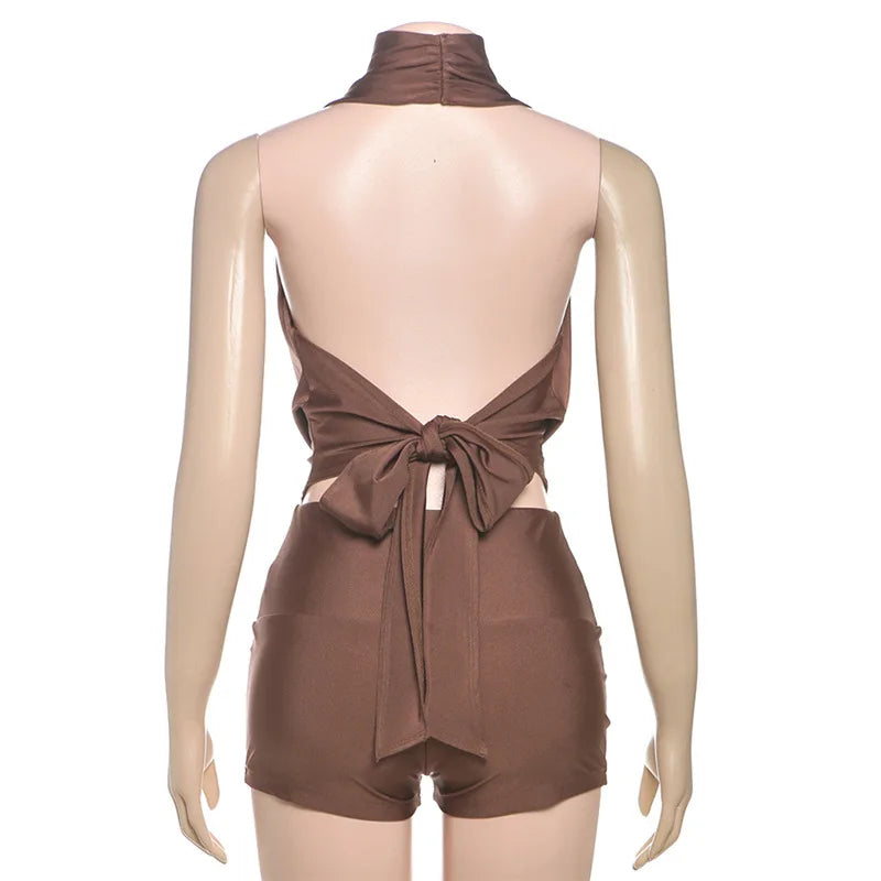 Halter Draped Lace Up Top and Mini Short