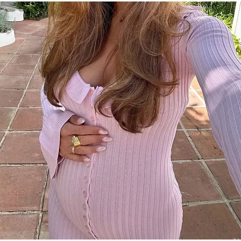 Knitted Ruffled Long Sleeve Button Maxi Dress