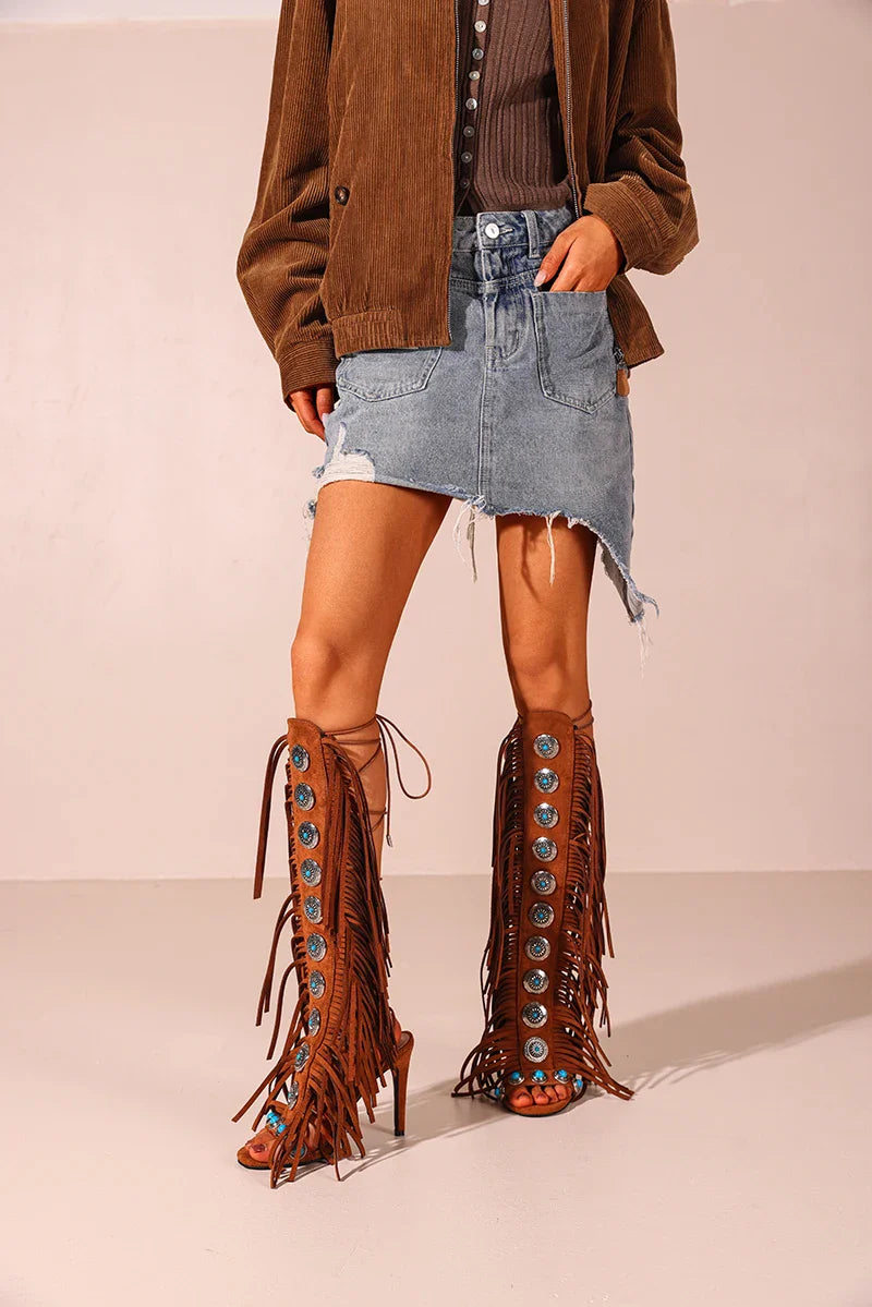 Tassels Lace up Cover Heel Knee high shoes