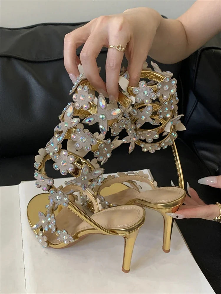 Flower Crystal Rhinestone Ankle Strap Banquet Shoes