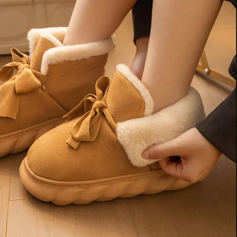Womens Snow Boots Faux Suede Ribbons Bow Ankle Boots