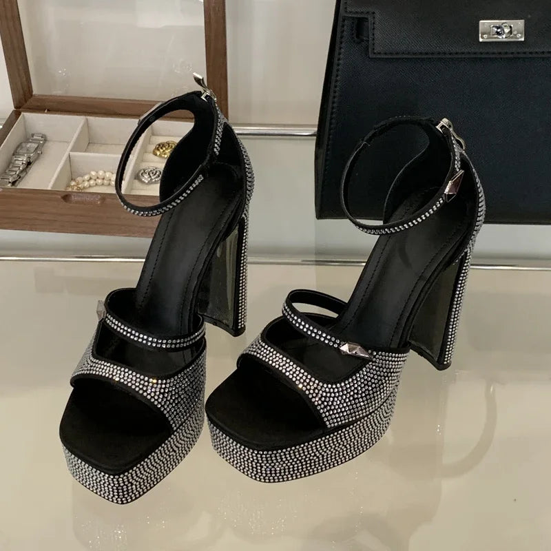 Crystal Open Toe Platform Square Heels Shoes