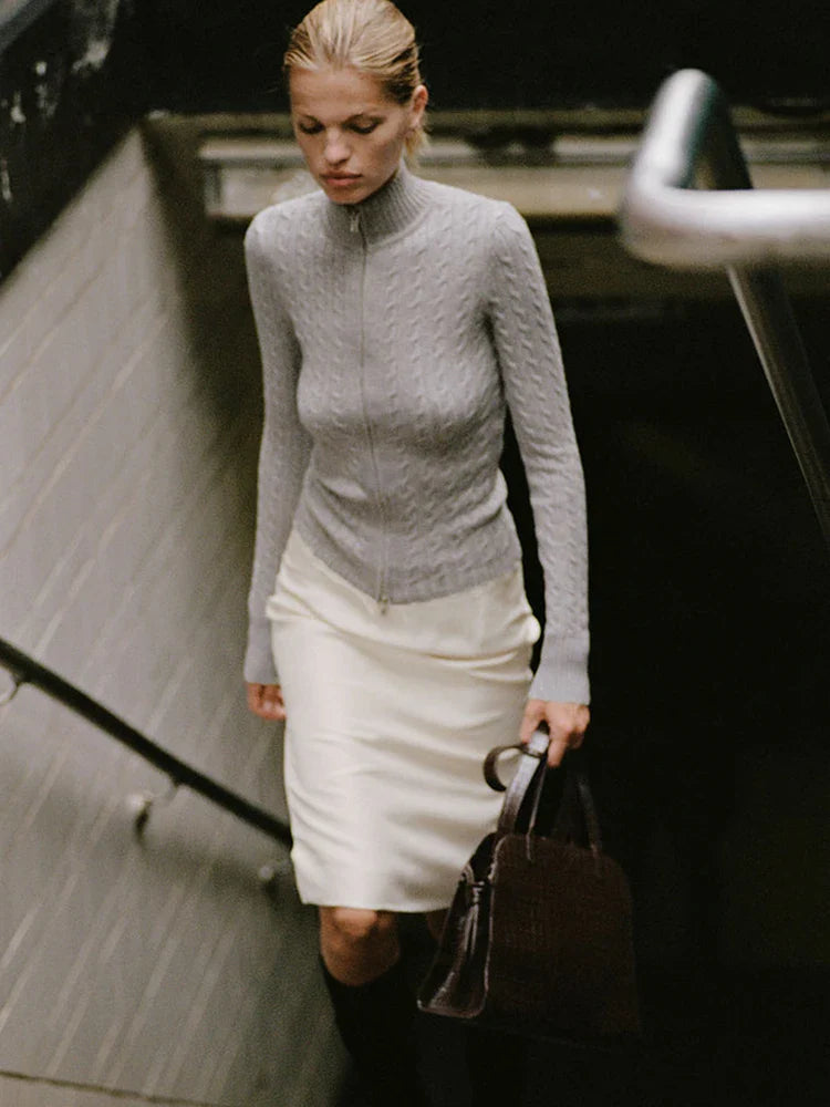 Long Sleeve Knitted Turtleneck Zip Up Sweater