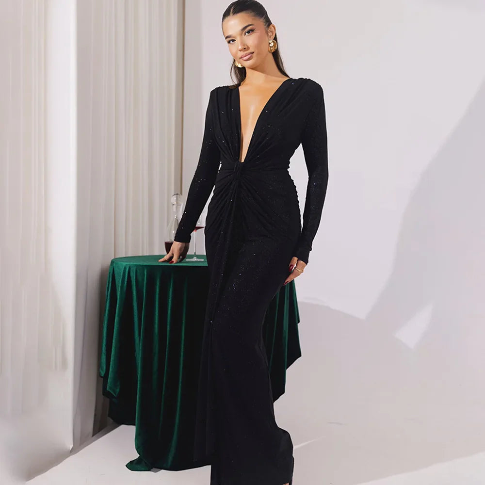 Elastic Deep V-Fold Lace Maxi Dress
