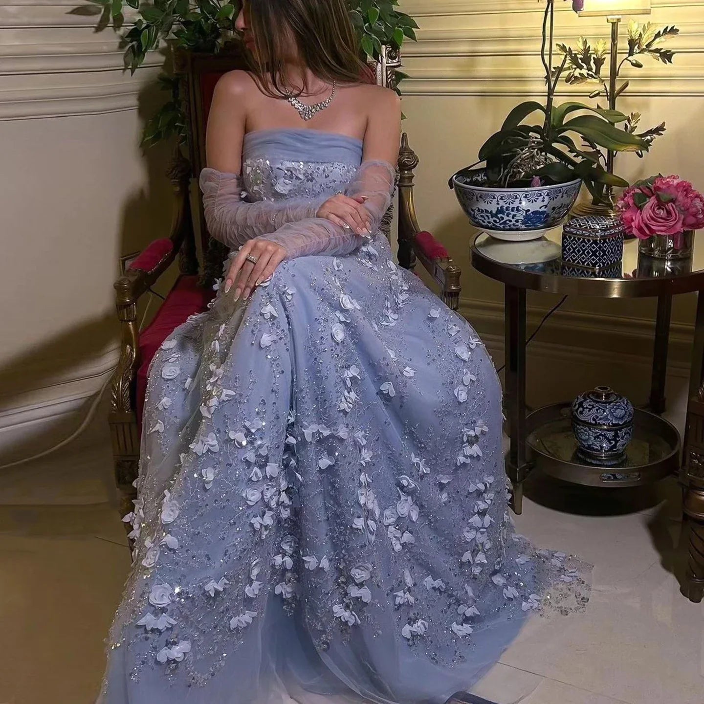 3D Flowers Strapless Evening Dress with Long Sleeves
