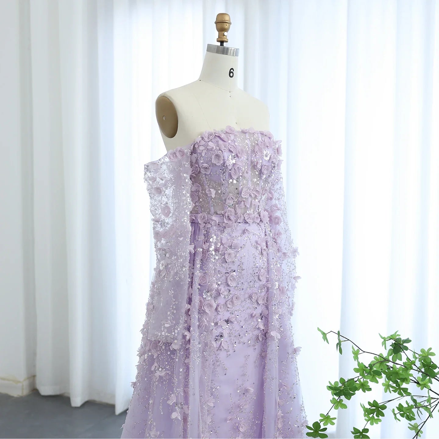 3D Flowers Evening Dress with Overskirt Long Sleeves