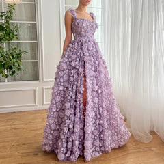 Lilac 3D Floral Evening Gown with High Slit