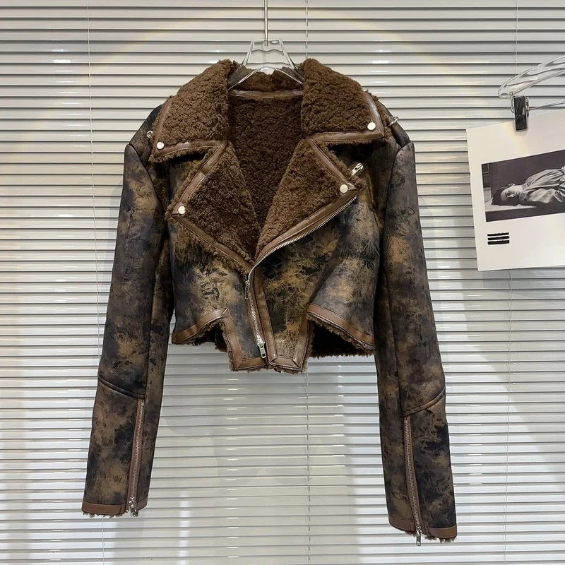 Tie Dye Fur Turn down Collar PU Leather Coat